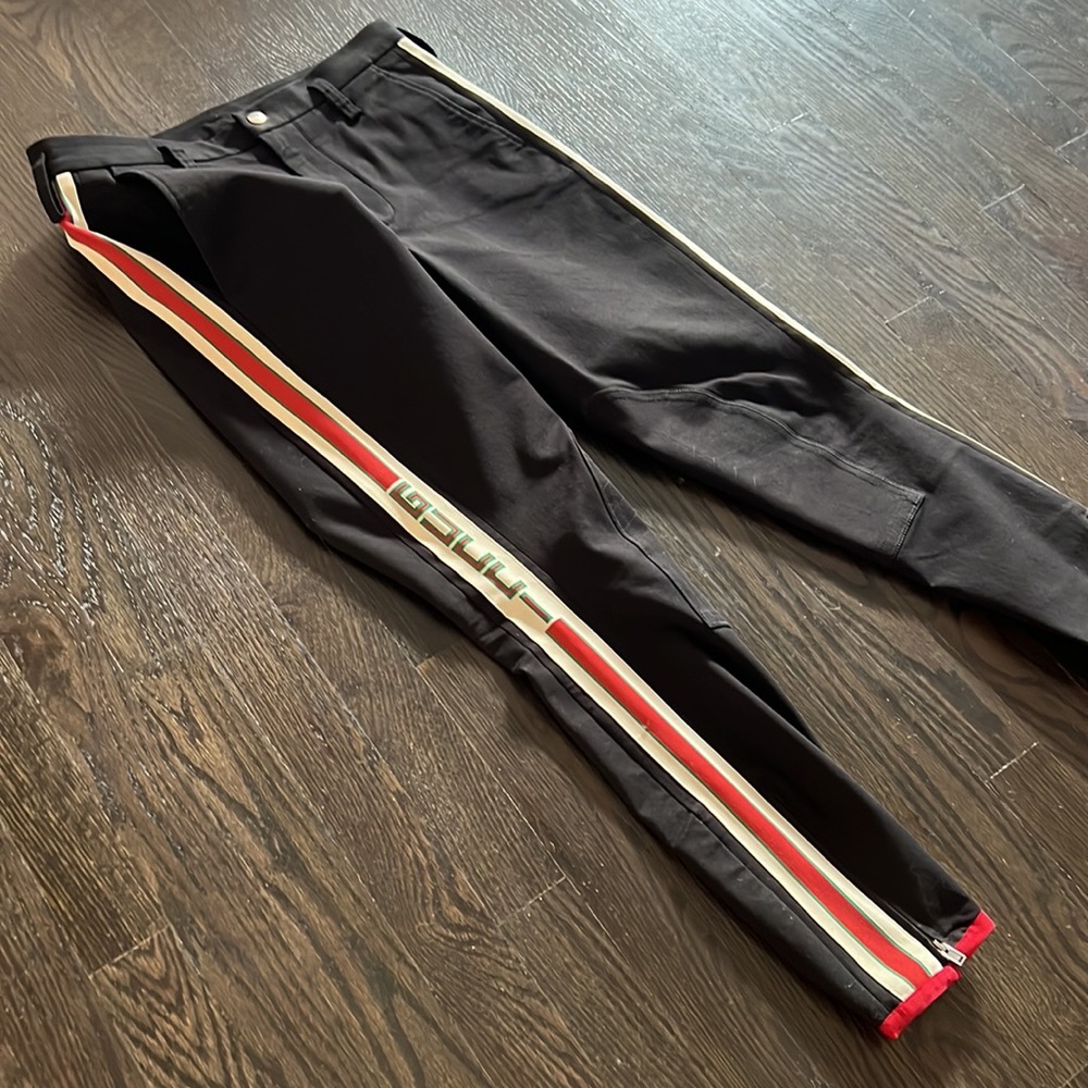GUCCI Black Riding Trousers Tapered Leg, Grosgrain Stripe Green/Red/Cream Size46